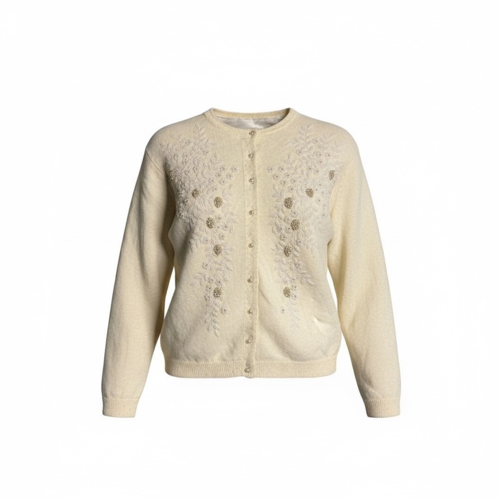 Vintage 50s Doreen Lok Honk Kong Hilton Arcade Hand Beaded Cream Cardigan‎ - S